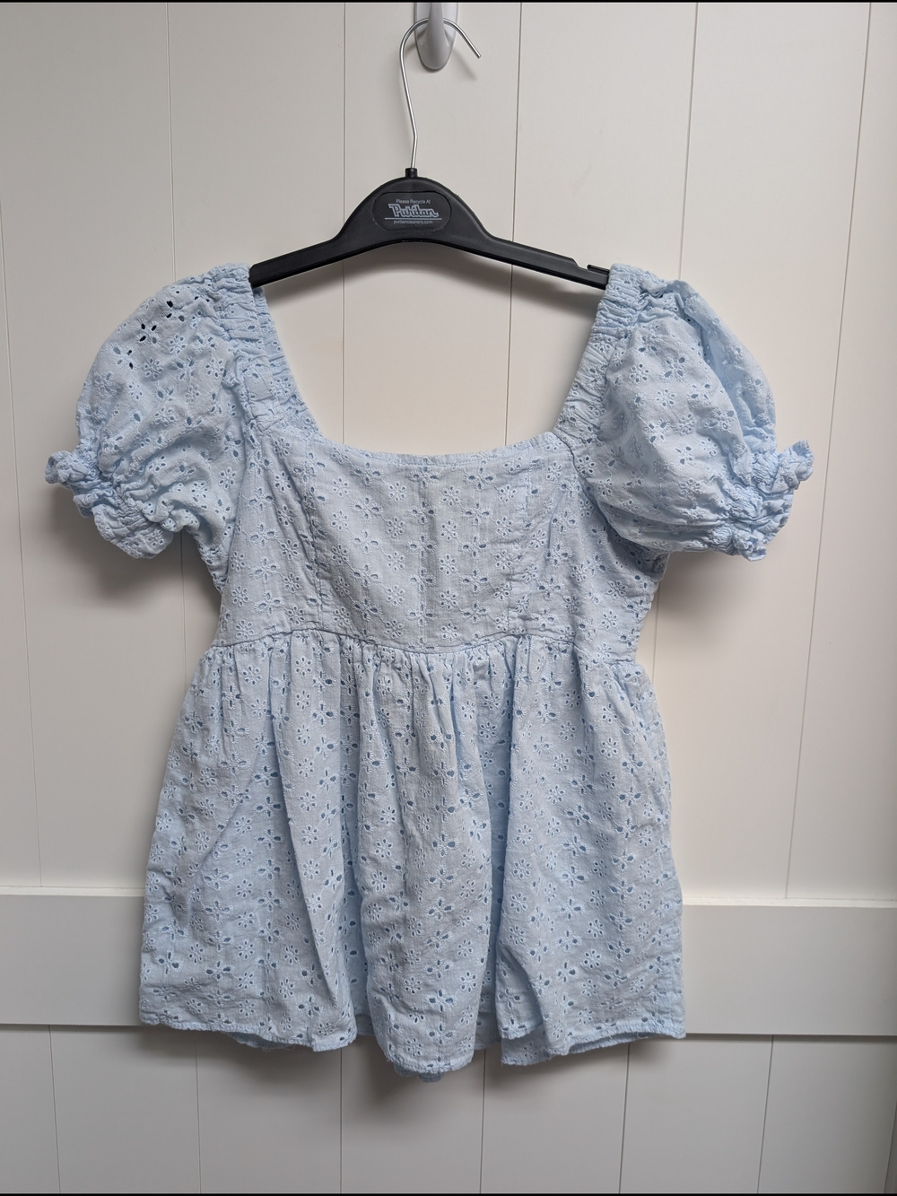 In Loom Light Blue Puff-Sleeve Eyelet Top, Small